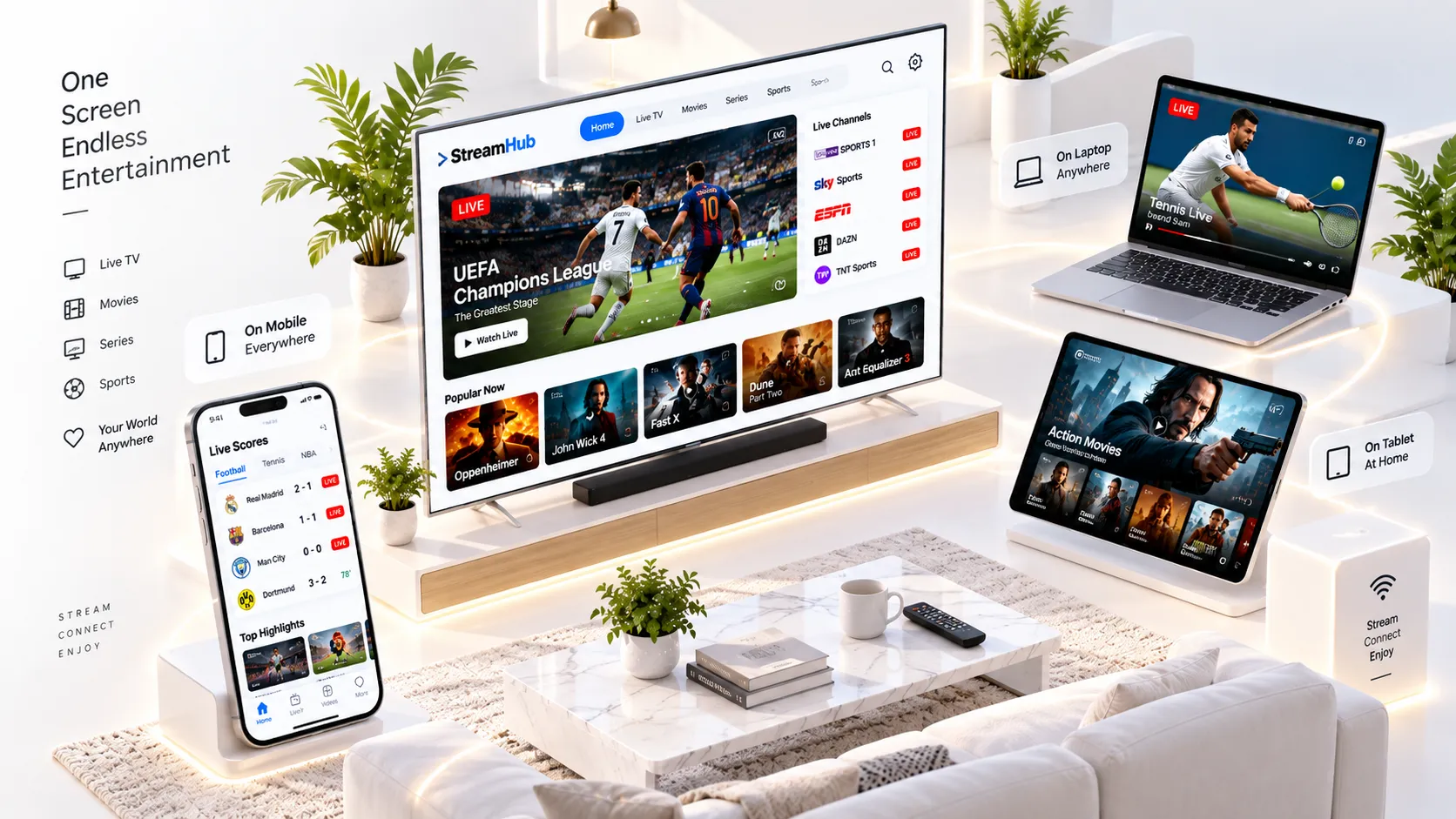 Amazon Fire TV Stick 4K Max neben einer Fernbedienung und dem TiviMate-Player-Logo auf dem Fernseher